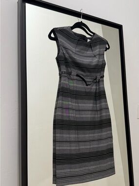 Calvin Klein Gray Black Striped Sheath Dress Size 2 Belted Pleated Sleeveless